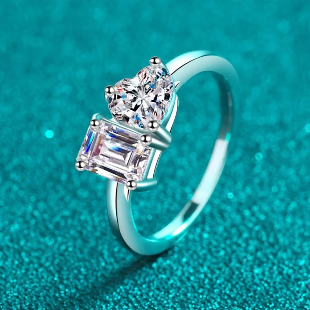 Certified 2 ct. t.w. Moissanite Diamond Emerald & Heart Cut Wedding Ring NEW - Picture 3 of 10